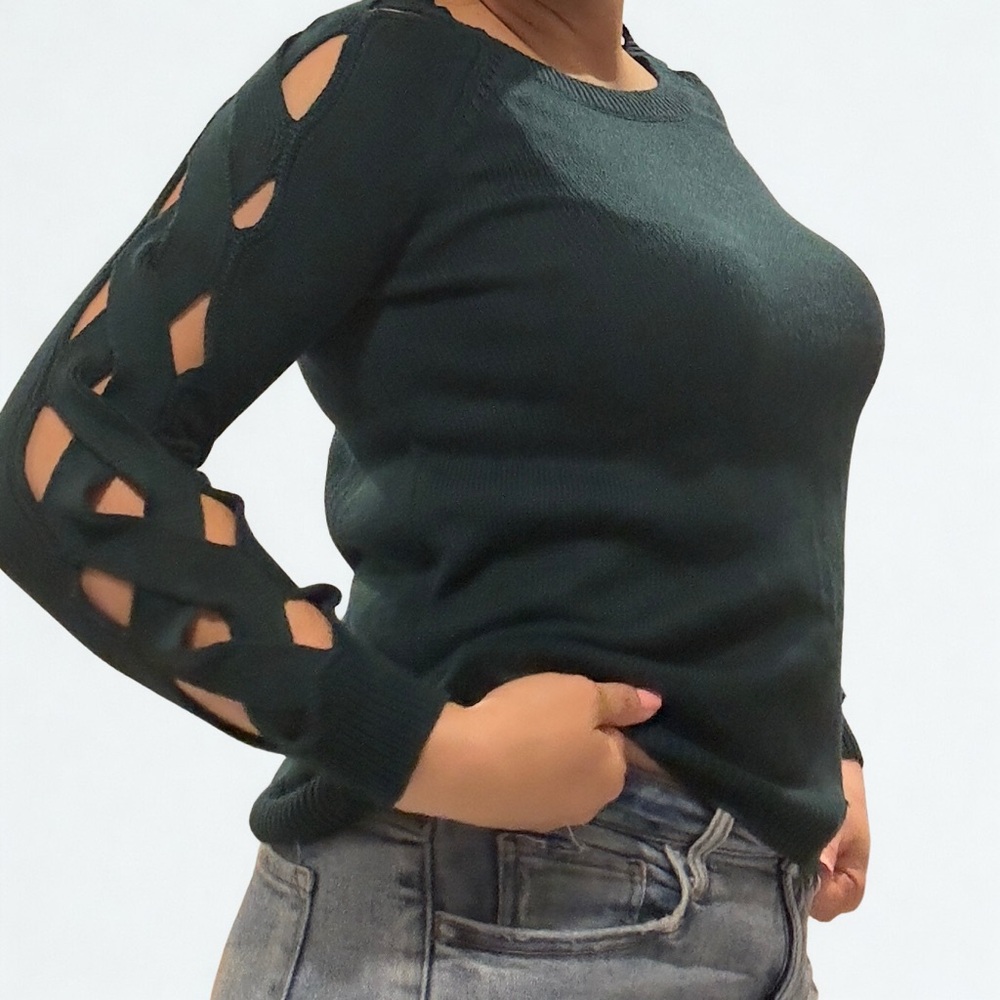 Hippie Rose Womens Lattice Cutout Sleeve Sweater Forest Green Crew Neck M